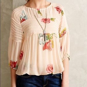 Anthropology One Fine Day Tan Floral Blouse Small